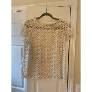 LOFT Sheer White Top with Floral Embroidery, Size Large